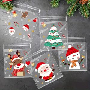 100개 크리스마스 TreatBags - 휴일 선물용 축제 만화 디자인이 포함된 자체 밀봉, 일회용 Opp 캔디 및 쿠키 파우치