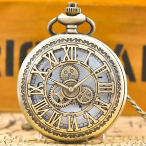 빈티지 청동 Steampunk 구리 컷 아웃 기어 석영 주머니 시계 목걸이 펜던트 시계 체인 남성 여성 체인 선물