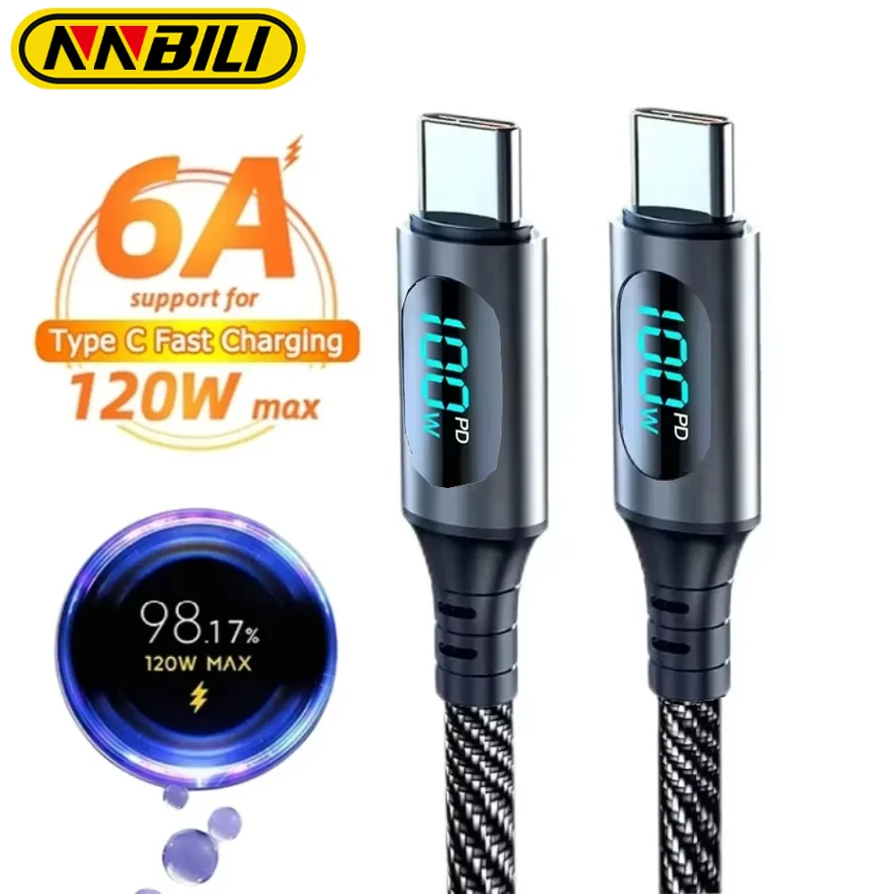 NNBILI LED 디지털 디스플레이 초고속 충전 케이블, USB A 타입 C to USB C, 화웨이 메이트 60 비보 Oppo IQoo Oneplus용, PD100W
