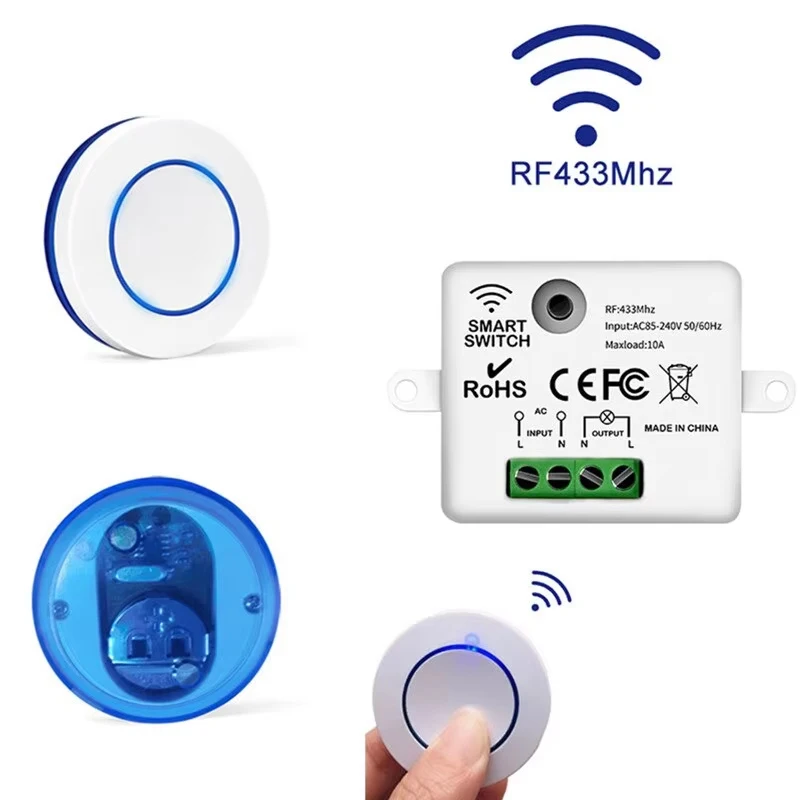 미니 스위치 원격 제어 릴레이 수신기 모듈 송신기 RF 433Mhz 전등 스위치 침실 용 라운드 10A 무선 패널