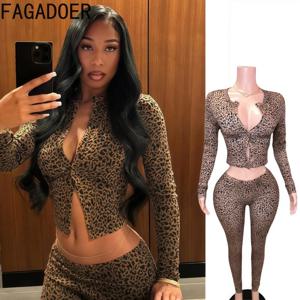 FAGADOER 여성용 긴팔 크롭탑 + 로우웨이스트 스키니 팬츠, 패션 레오파드 무늬 2 피스 세트, 여성 스트리트웨어 수트