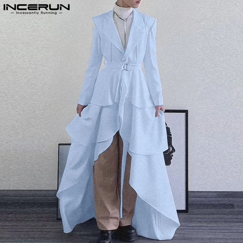 INCERUN 남성용 긴팔 블레이저, 단색 플라운스 파티 스타일 세트 코트, 캐주얼 A라인 스커트 디자인, 한국 스타일 패션