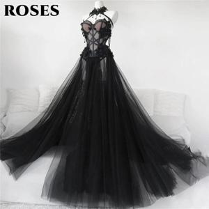 Roses 블랙 레이스 코어셋 무도회 드레스, 요정 얇은 명주 그물 신부 가운, 원피스 숲 마녀 신부 원피스, 고딕 웨딩 가운, 맞춤형
