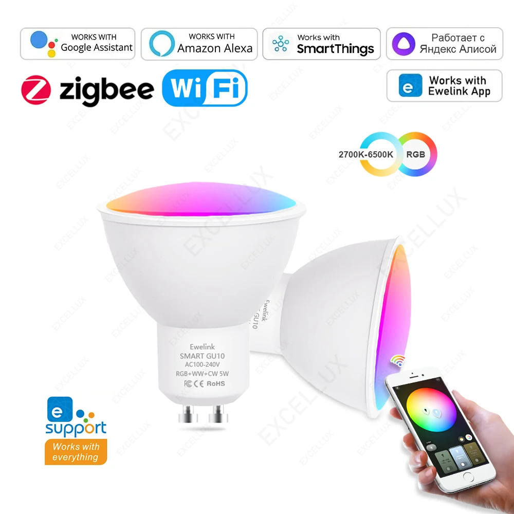 ZigBee GU10 WiFi 스마트 LED 전구 RGB W+C 5W 디밍 가능 램프 EWelink 제어 스포트 전구는 Alexa Google Alice와 함께 작동합니다.