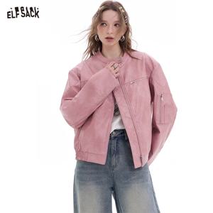 ELFSACK 핑크 인조 PU 가죽 재킷, 캐주얼 레이디 지퍼 짧은 가죽 재킷, 하이 스트리트 모토, 스위트 쿨, 2025 용수철 신상