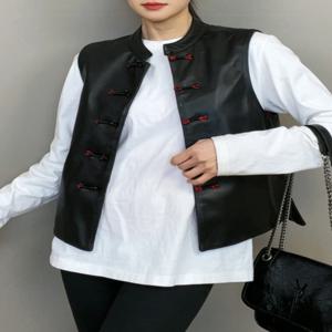 진짜 가죽 자켓 통근 스타일 단추 무릎 위 짧은 스탠드 칼라 자수 양가죽 자켓 외투 자켓 진짜 가죽 자켓
