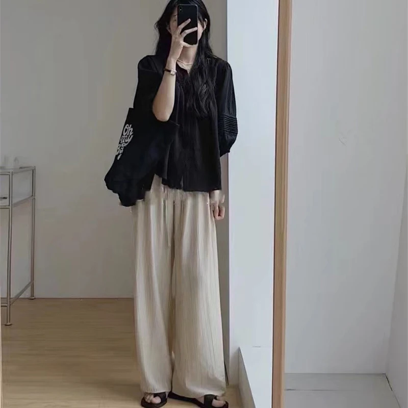 한국 스타일 플러스 사이즈 레트로 패션 루즈핏 반팔 2300파운드 다용도 와이드 레그 팬츠 세트 슬리밍 효과 여성 의류