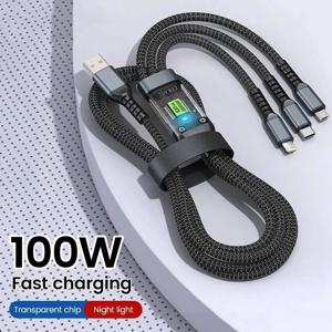 100W 3 in 1 고속 충전 케이블, 발광 데이터 케이블, 휴대폰 고속 충전, 브레이드 C 타입 데이터 케이블, 안드로이드, 화웨이, 아이폰용