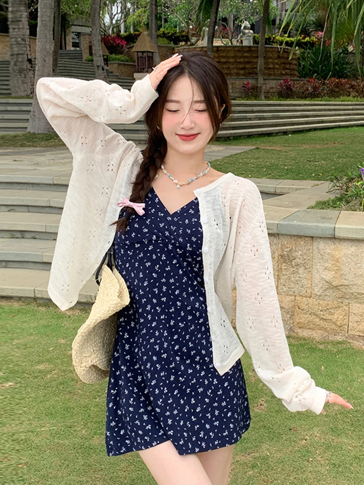 여름 경량 얼음 실크 니트 태양 보호 카디건 속이 빈 커버 여성 패션 한국 스타일 통기성 겉옷