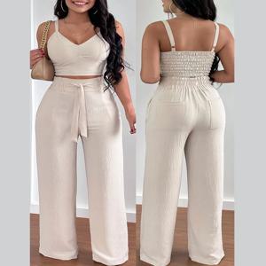 여성을위한 2 피스 의상 2025 섹시한 v 넥 스트랩 Shirred Slim Crop Top & 레이스 업 와이드 레그 팬츠 세트 우아한 Office Lady Suit