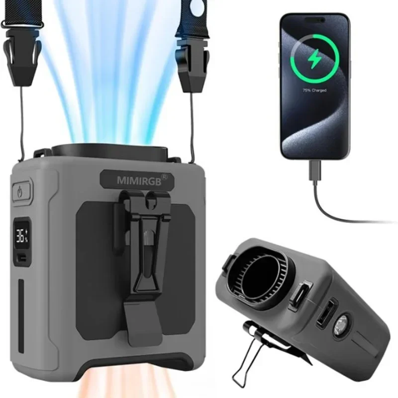 10000mAh 허리 팬 웨어러블 허리 팬 5단 속도 & 라이트 40시간 핸즈프리 쿨링 (야외 작업장 여행용) 장거리 야외용
