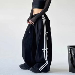 아메리칸 레트로 사이드 스트라이프 버터플라이 매듭 드로스트링 트라우저 와이드 레그 워크웨어 캐주얼 스포츠 팬츠 하이웨이스트 여성용