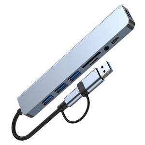 8 In 1 USB C 허브 USB 3.0, 1 X USB 3.0, 3 X USB 2.0 및 1 X USB C, SD/TF 카드 리더기, 3.5mm Aux 포트 알루미늄 USB 분할
