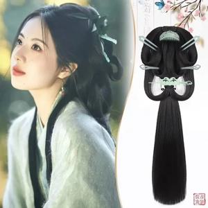 코스프레 Hanfu 가발 여성 검은 고대 중국 Hanfu 가발 헤드 기어 액세서리 Hanfu 긴 스트레이트 가발 검은 가발 머리 장식