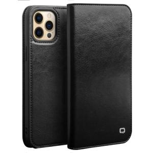 QIALINO For iPhone 13 Pro 6.1인치 지갑 스탠드 폰 커버 탑 레이어 소가죽 + TPU 커버 쉘 - 블랙