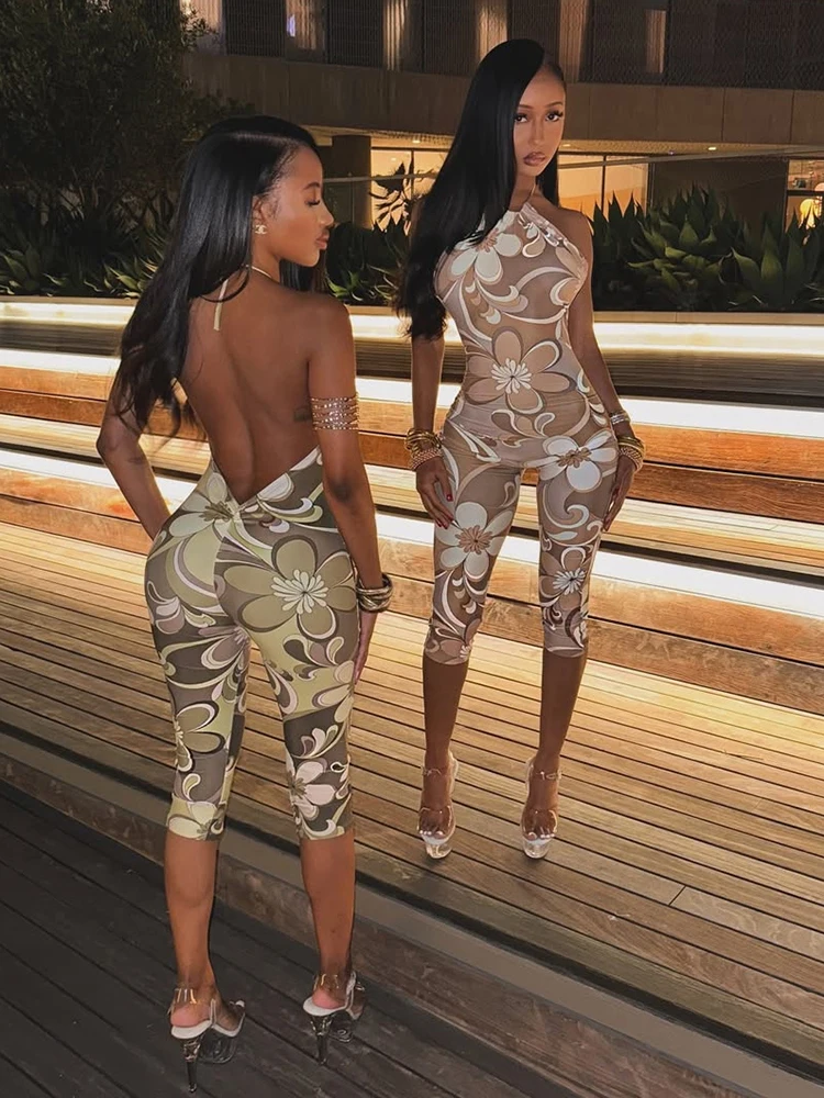 이상한 Puss Backless Halter Flowers Playsuits 여성 스키니 활동 스트레치 streetwear 여름 민소매 Hipster Fitness Rompers