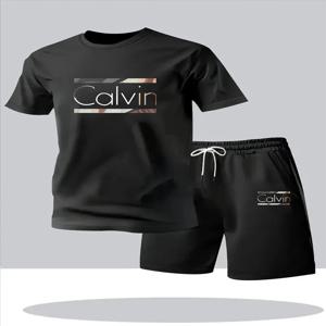 CALVIN 여름 남성 여성 새로운 캐주얼 스포츠 정장 패션 통기성 야외 반팔 티셔츠 + 트레이닝 반바지 투피스 세트