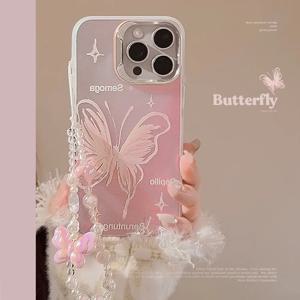 Luxury Pink Butterfly Pattern Laser Phone Case For iPhone 12 13 14 15 16 Pro Max Bracelet Chain Shockproof Bumper Cover Fundas