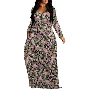 여성용 V 넥 맥시 드레스 프릴 풀 슬리브 꽃 드레스 웨딩 게스트 Sundress with Belt