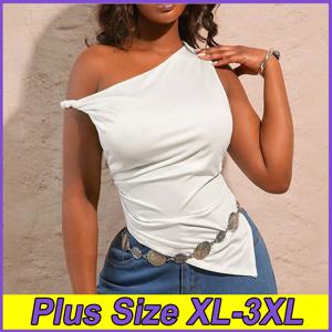 여름 플러스 사이즈 여성용 섹시 스큐 칼라 티셔츠 XL-3XL 신상 불규칙 탑 여성 단색 슬림핏 출퇴근용 티셔츠
