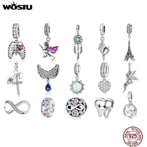 WOSTU 925 스털링 실버 동물 고양이 참 펜던트 하트 가족 무당벌레 꿀벌 비즈 핏 정품 팔찌 DIY 쥬얼리 여성용