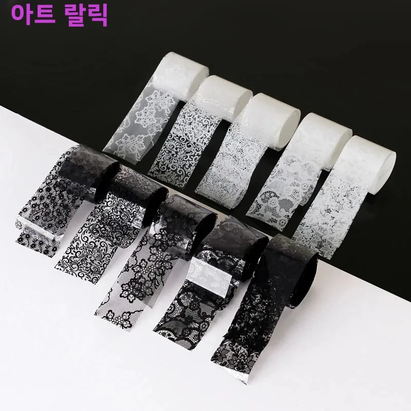 10 롤 2.5*60cm 새로운 블랙 화이트 레이스 전송 호일 네일 아트 섹시한 전체 랩 꽃 접착제 접착제 DIY 매니큐어 스타일링 도구