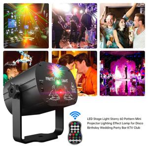 60가지 패턴 미니 DJ 디스코 조명 파티 무대 조명 효과 음성 제어 USB 레이저 프로젝터 스트로브 램프 (가정용 댄스 플로어)