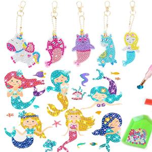 인어 다이아몬드 페인팅 스티커 키트 DIY 양면 큰 보석 5D 키 체인 예술 공예 소녀 초보자를위한 도트 페인팅 키트