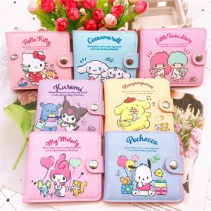 Sanrio Hello Kitty Cinnamoroll My Melody Kuromi 새로운 Pu 캐주얼 머니 백 동전 지갑 카드 패키지 지갑 (버튼 포함) ﻿
