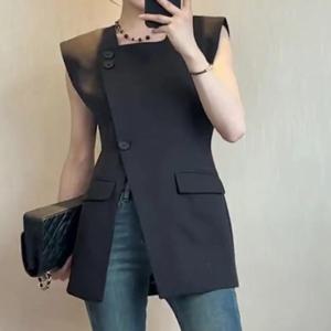 프랑스어 2024 검은 양복 조끼 여름 핫 스타일 젊은 통근자 디자인 분할 민소매 탑 roupas femininas