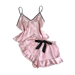 여성 Strappy Top 우아한 새틴 여성 잠옷 세트 스파게티 스트랩 탑 백리스 V 넥 디자인 Ruffle Pleated for Comfort
