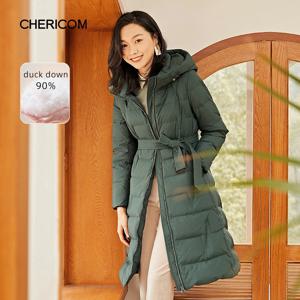Chericom 여성용 겨울 다운 재킷, 롱 오버 니 덕 다운 후드 벨트, 퍼퍼 재킷, 따뜻한 슬림 방풍 패딩 코트, 269095
