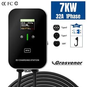 새로운 7KW Type2 전기차 충전기 32A EV 충전소 Type1 GBT EVSE 월박스 1상 EV 충전기 (스크린 카드 포함)