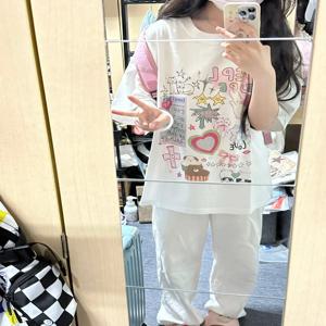 루즈핏 코튼 티셔츠 반팔 만화 프린트 한국 스타일 여성 패셔너블 탑 streetwear 캐주얼 라운드 넥 티