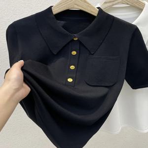 아이스 실크 폴로넥 반팔 티셔츠 여성 여름 패션 니트 포켓 트렌디 캐주얼 루즈핏 싱글 티셔츠