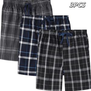 3pcs 남성용 파자마 바지 짠 100% 코튼 클래식 격자 무늬 반바지 잠옷 캐주얼 버튼과 Drawstring 포켓이 있어 편안함