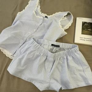 여성 Y2K 한국어 줄무늬 잠옷 민소매 반바지 세트 2 조각 레이스 귀여운 Pj 세트 잠자는 Kawaii 홈 Loungewear 정장 옷