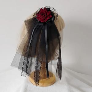 고딕 로리타 블랙 로즈 베일 듀얼 레이어 Tulle 머리 장식 분리형 꽃 헤어 클립 다크 로맨스 헤어 할로윈/코스프레