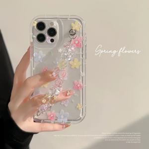 핑크 옐로우 플라워 체인 투명 레인보우 폰 케이스 (아이폰 11, 12, 13, 14 Pro Max, X, XR, XS Max 호환) 투명 충격 방지 커버