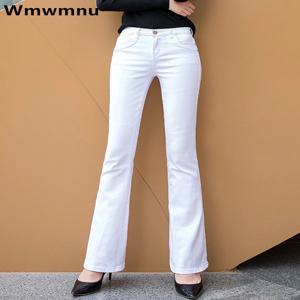 여성용 화이트 80% 코튼 플레어 데님 바지 엄마의 포멀 스키니 스트레치 청바지 트렌드 캔디 컬러 슬림 카우보이 바지 OL Pantalones