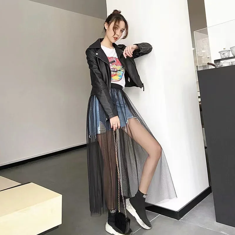 2024 싱글 레이어 시스루 메쉬 스커트, 투명 거즈 캐주얼, 우아한 발목 길이, 블랙 화이트, 하이웨이스트, 신축성 스커트, 신상