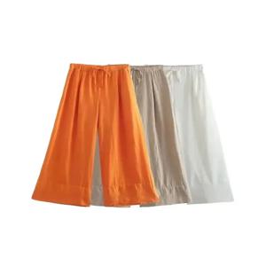 TRAF 여성 패션 사이드 포켓 ​​리넨 넓은 다리 바지 Drawstrings와 빈티지 높은 탄성 허리 여성 바지 Mujer