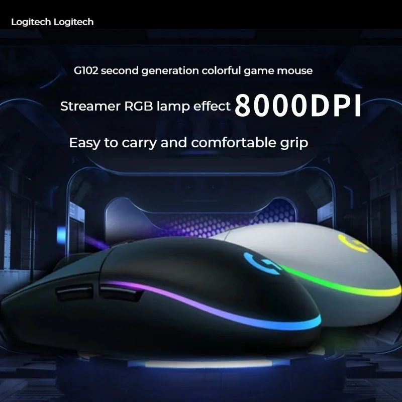 Logitech G102 USB 유선 게임용 마우스 2세대 인체공학적 게임용 마우스 6키 8000 DPI 마우스 RGB 백라이트 게임