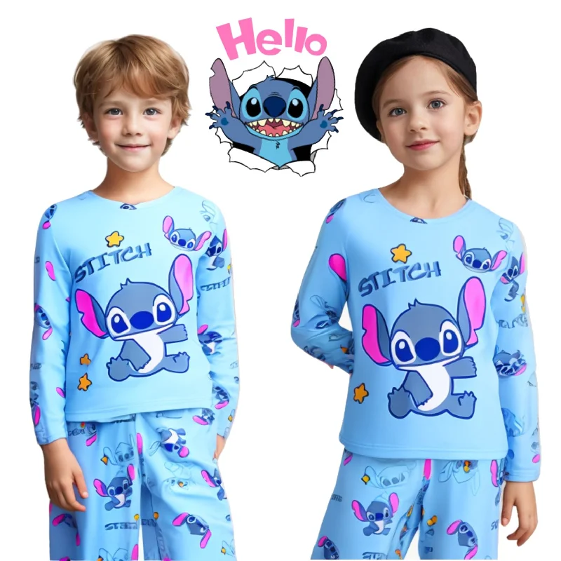 2025 봄 여름 2 개/대 어린이를위한 스티치 Homewear 잠옷 아기 부드러운 우유 실크 블루 애니메이션 스티치 긴 소매 잠옷 세트