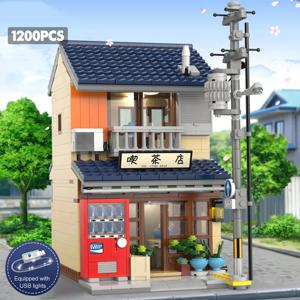 1200PCS 일본 차 집 빌딩 블록 도시 스트리트 뷰 모델 벽돌 빛 아이디어 데스크탑 장식 어린이 DIY 장난감 세트