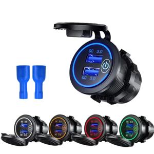 차량용 고속 충전 어댑터 60W 듀얼 QC 3.0 듀얼 USB 고속 차량용 충전기 소켓 12V/24V 방수 스위치 자동 전원 콘센트