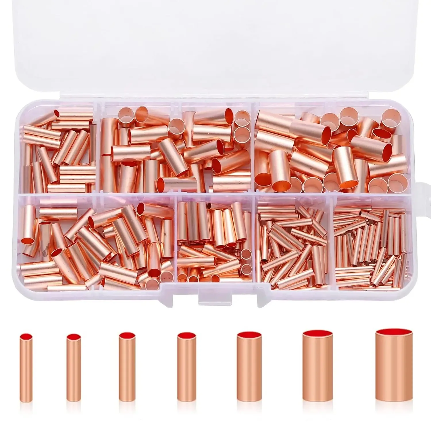 250Pcs 와이어 페럴 키트 7 크기 구리 압착 커넥터 비 절연 전기 버트 터미널 구색 키트
