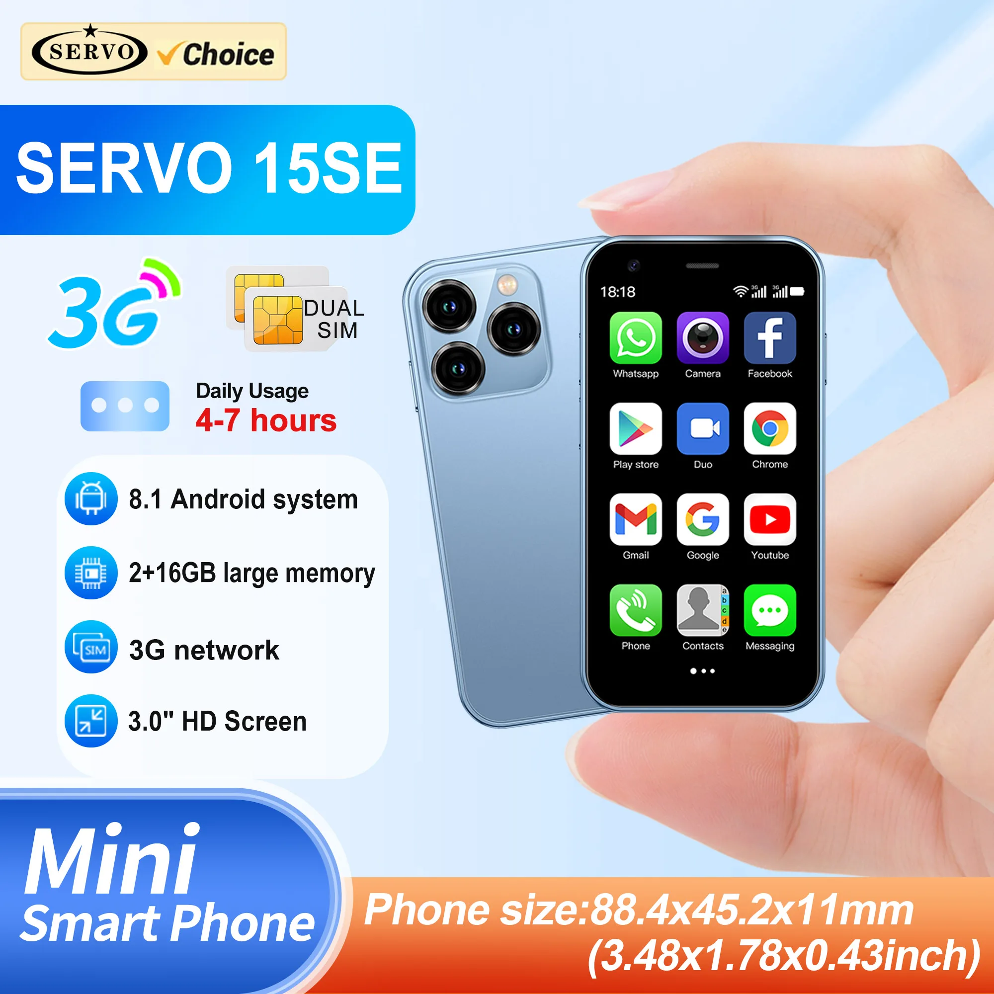 SERVO 15SE 미니 스마트폰 3G WCDMA 안드로이드 시스템 WiFi 핫스팟 Play Store 3.0