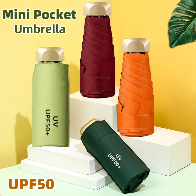 휴대용 미니 포켓 우산, 소형 여행 비 파라솔, 비닐 접이식 태양 쉐이드 방수 우산, UPF50 + 캡슐 우산