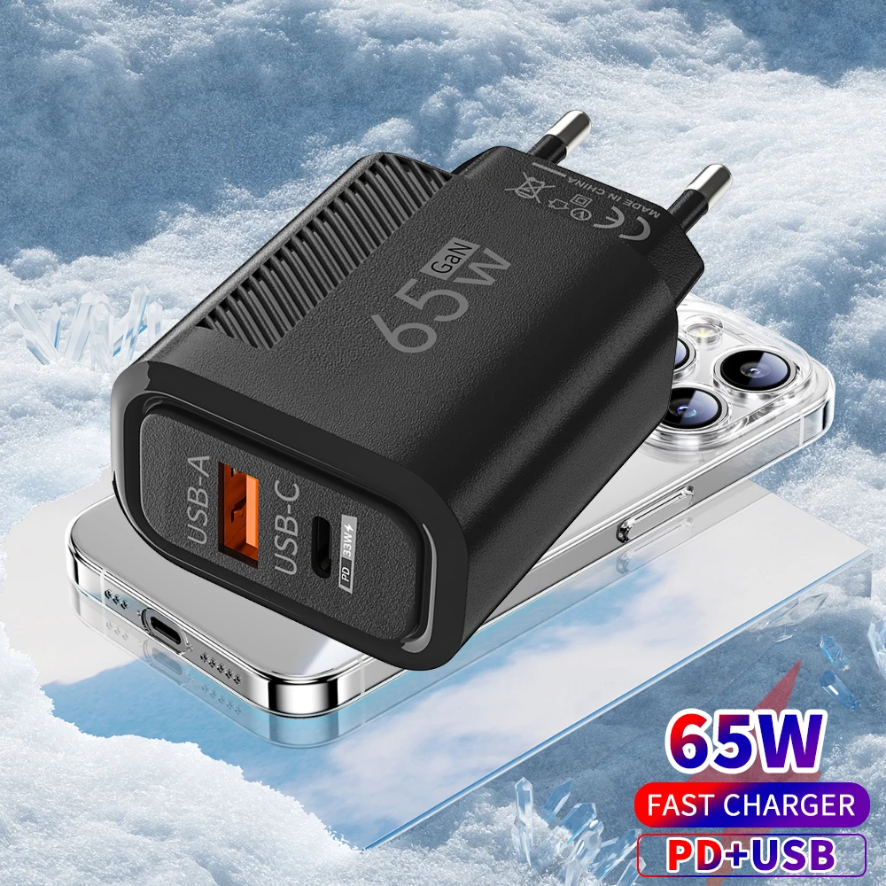 GaN 65W USB C 충전기 충전기 빠른 충전 3.0 iPhone 용 유형 C 전화 어댑터 Samsung Xiaomi Huawei 2 포트 고속 벽 충전기